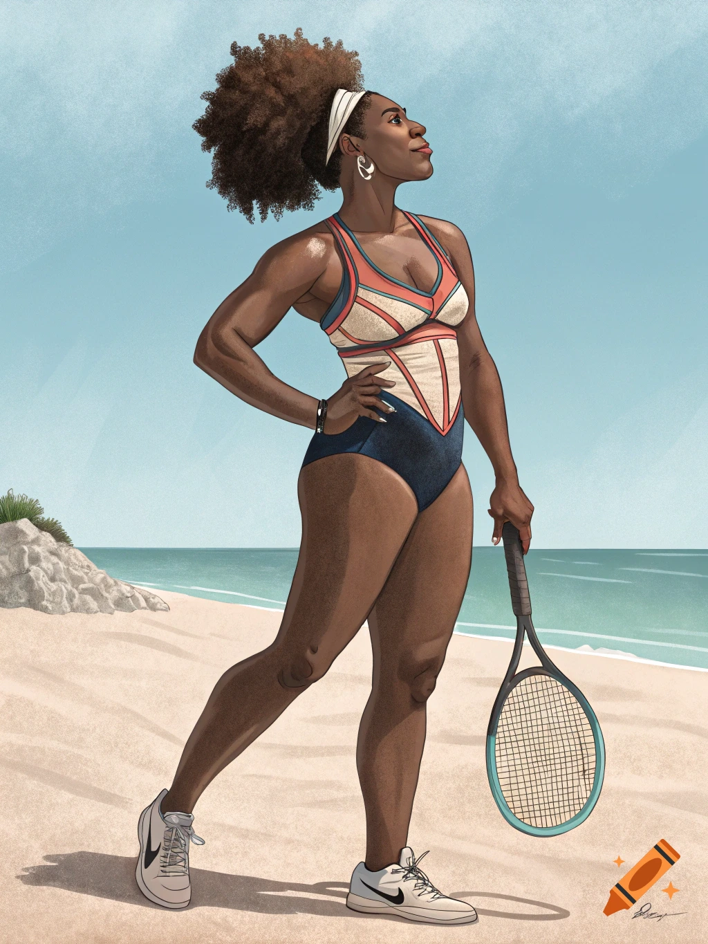 Illustration of Serena Williams in a swimsuit and tennis shoes on a beach, holding a racket.
