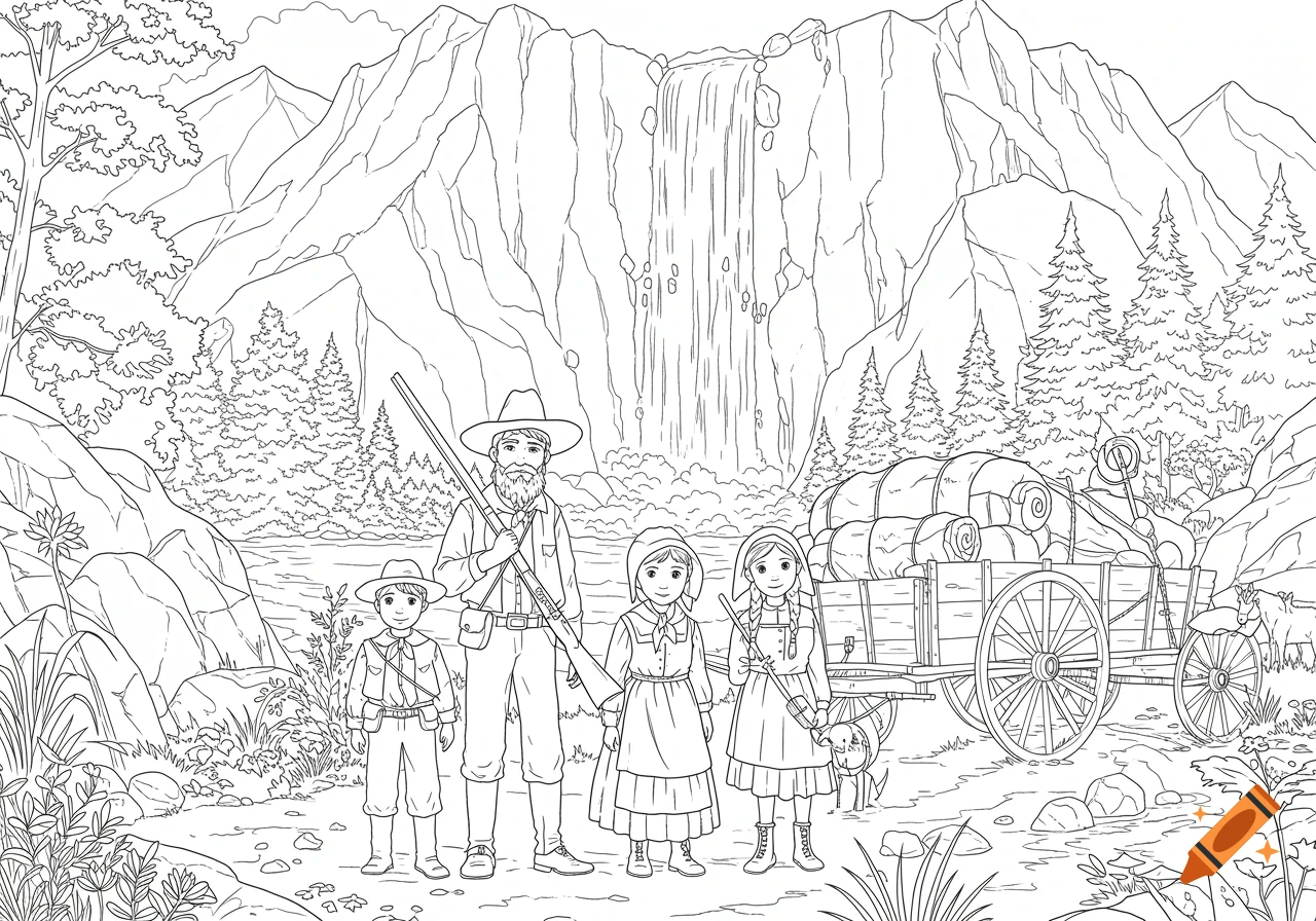 Line drawing of a pioneer family standing by a wagon, with mountains and a waterfall behind them.