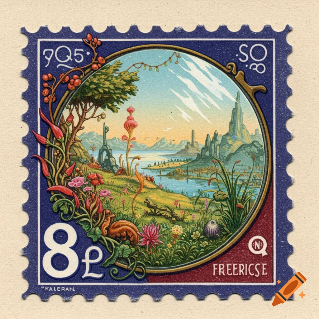 An illustrated postage stamp featuring a fantasy landscape with alien plants, strange rocks, water, and text.