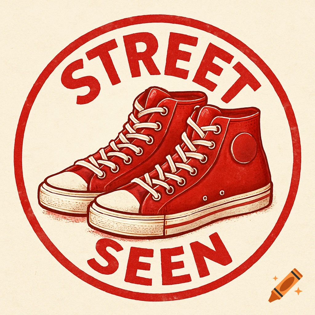A circular logo with red text "STREET SEEN" and a pair of red high-top sneakers inside.