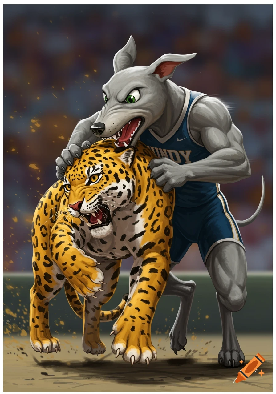 Illustration of a greyhound mascot in a jersey biting a jaguar mascot on the neck in a stadium.