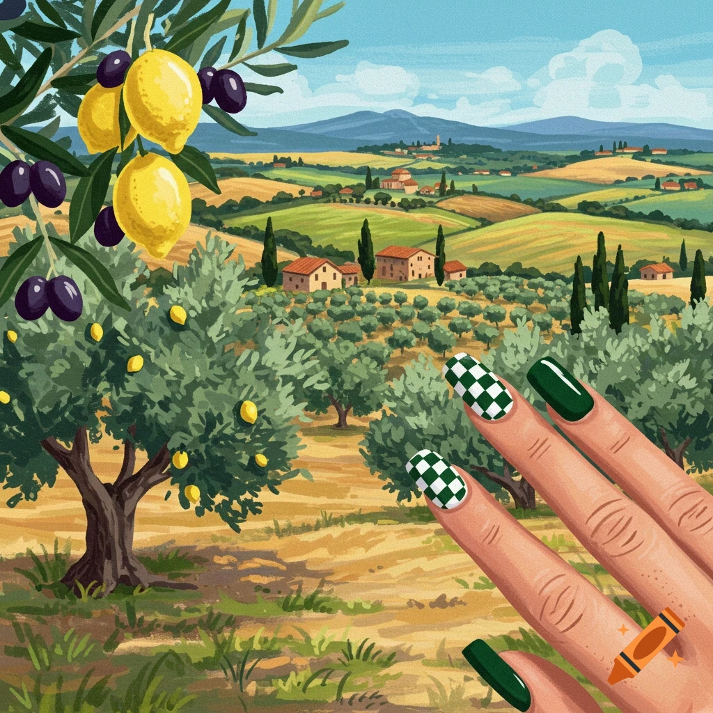 Illustration of Italian countryside with olive trees, lemons, and a hand with checkered and green painted nails.