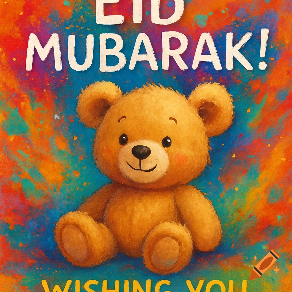 Cute teddy bear and Eid Mubarak text on a colorful watercolor background.
