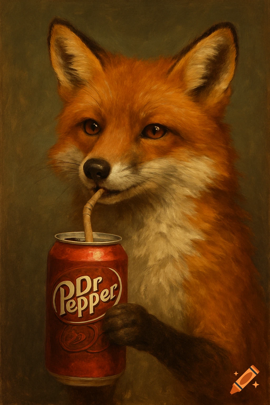 A fox holding a Dr Pepper can and drinking from a straw, in a classical painting style.