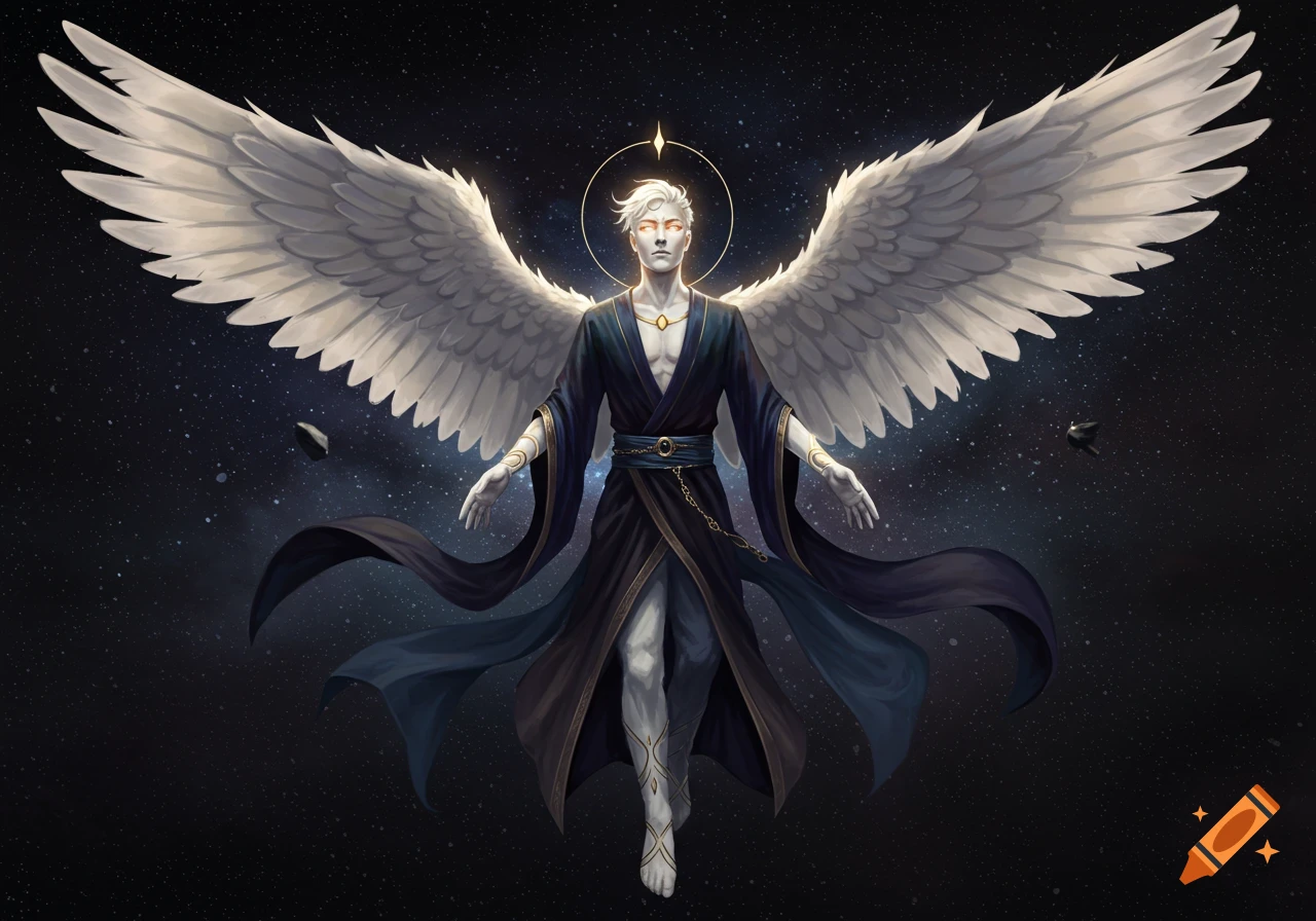 A male angel with large white wings floats in cosmic space, wearing ...