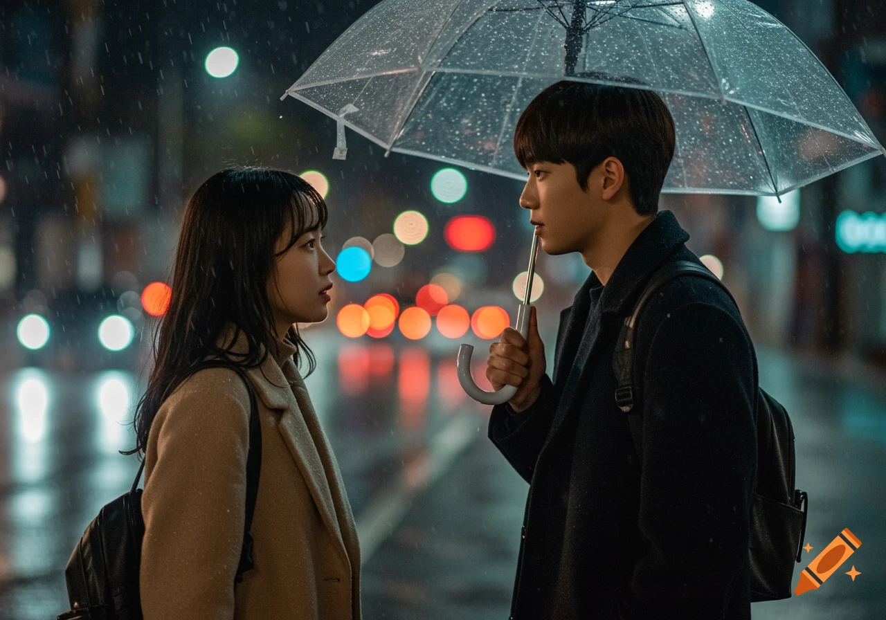 A young couple looks at each other under an umbrella on a rainy city street at night.
