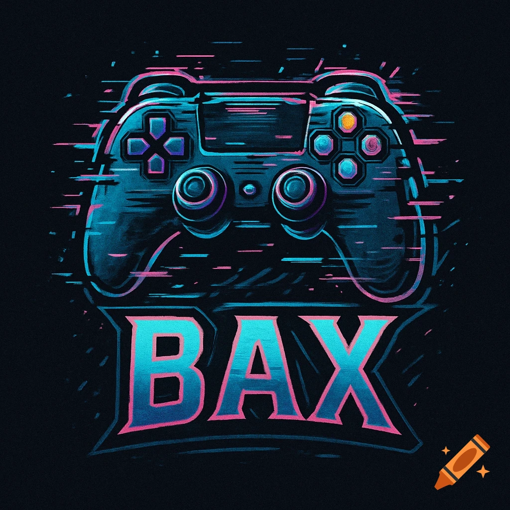 A glitchy gaming controller in blue and pink above the text "BAX" on a black background.