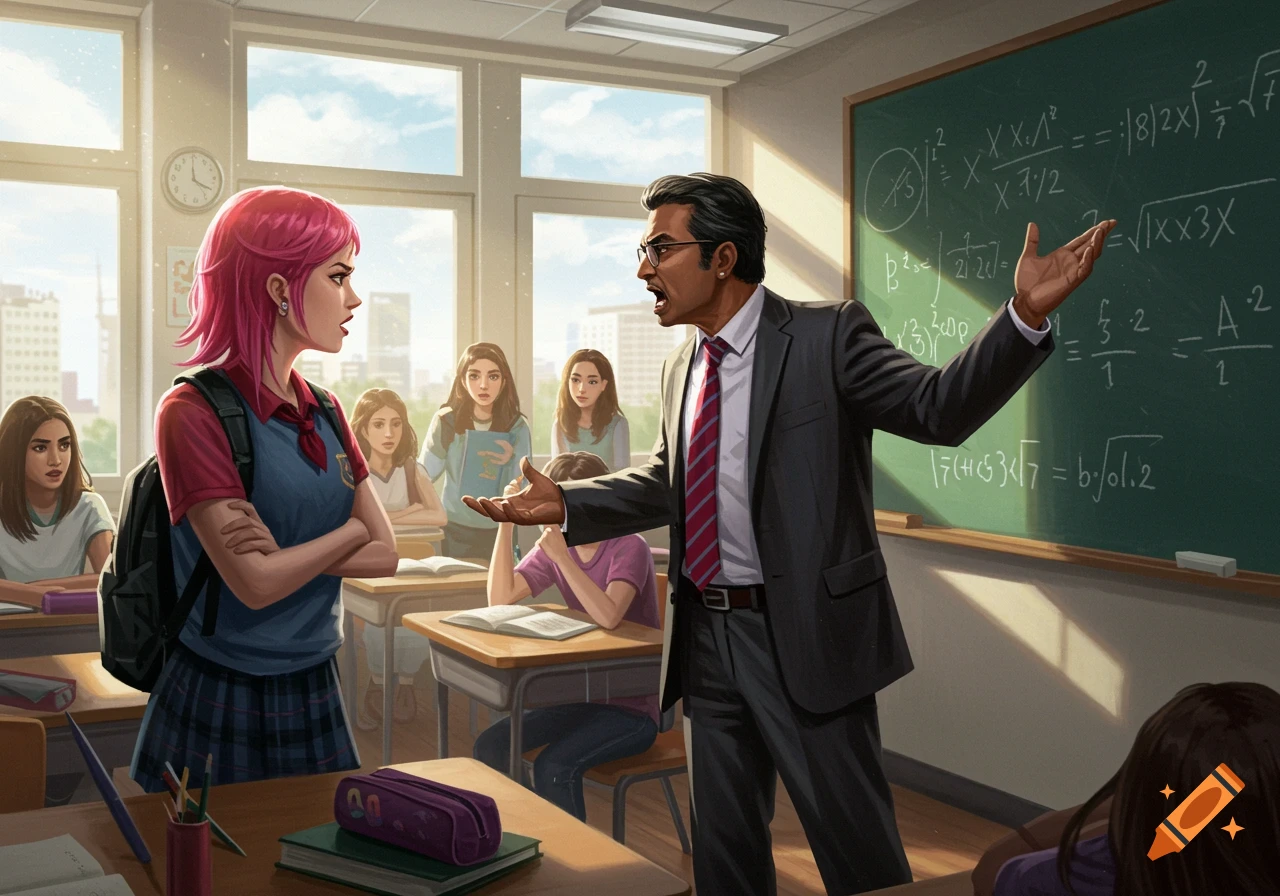Teacher and student arguing in a classroom illustration with a chalkboard and other students looking on.