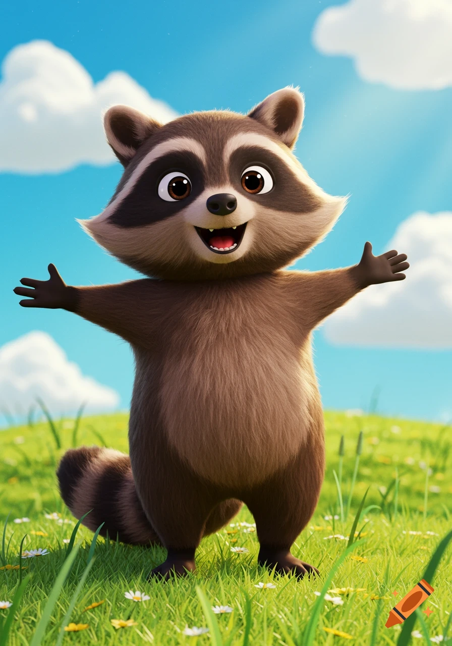 A cute cartoon raccoon stands in a grassy field with its arms spread wide under a blue sky.