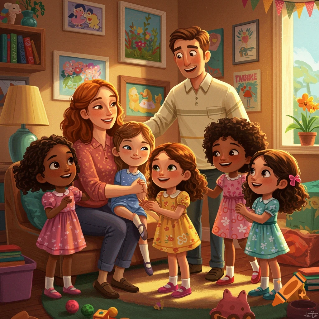 Illustrated family scene with mom, dad, and five young girls in a ...