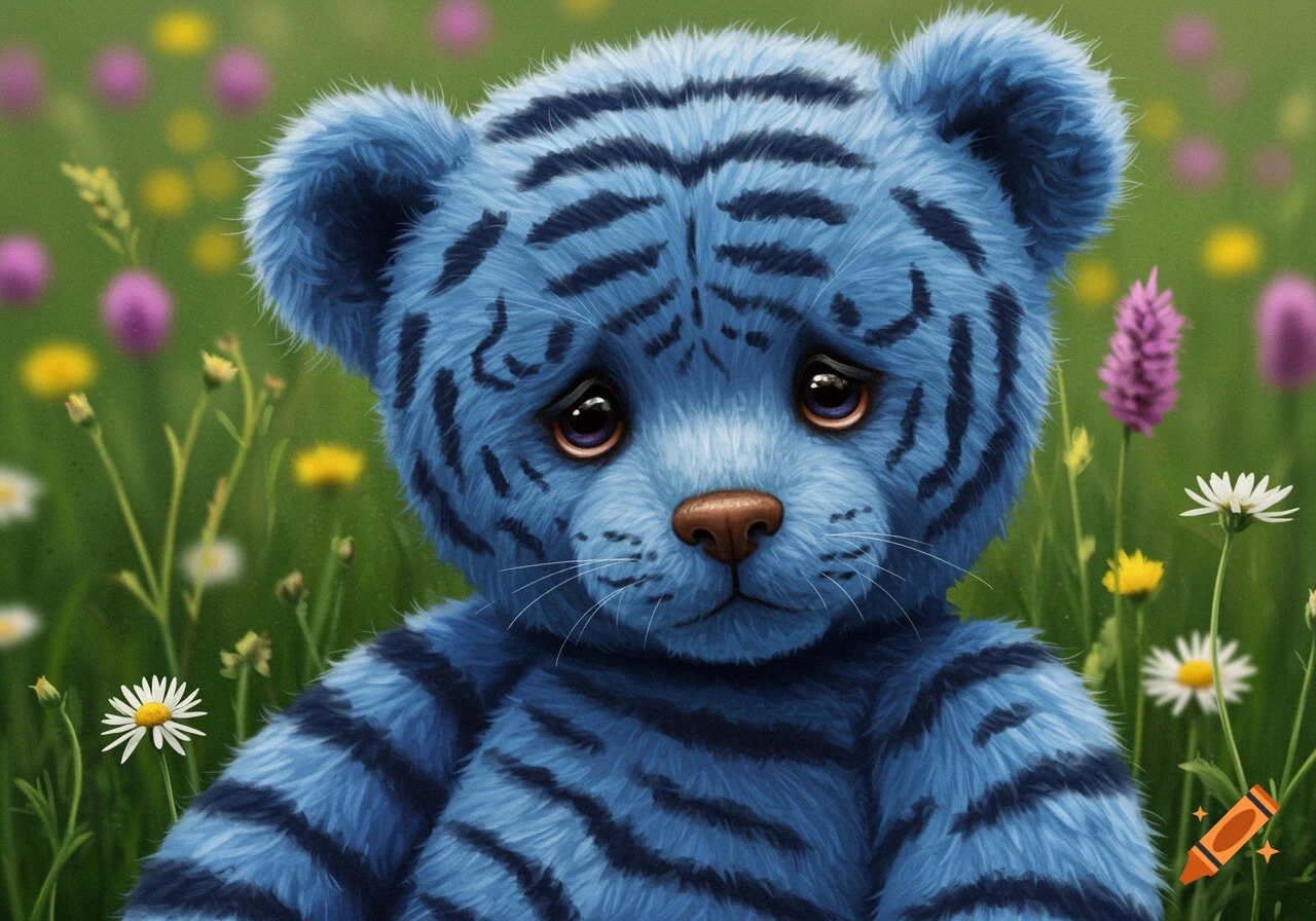 A blue teddy bear with tiger stripes sits in a field of colorful flowers.