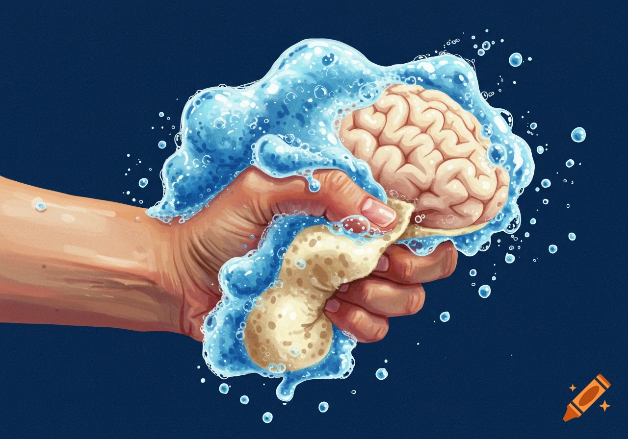Illustration of a hand squeezing a brain-shaped sponge covered in soap suds and water droplets