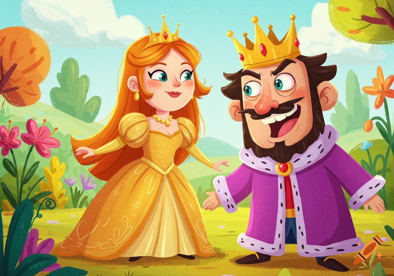 Cartoon king and queen standing in a field.