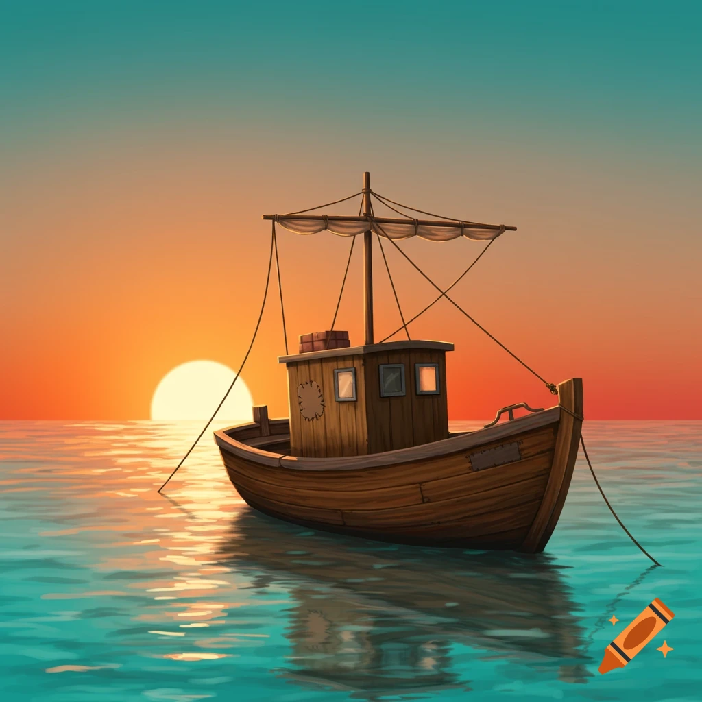 A wooden fishing boat floats on the sea at sunset