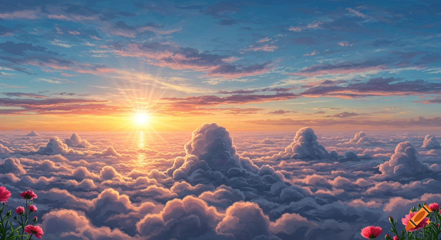 Sunrise over a sea of fluffy clouds with pink flowers in the foreground.