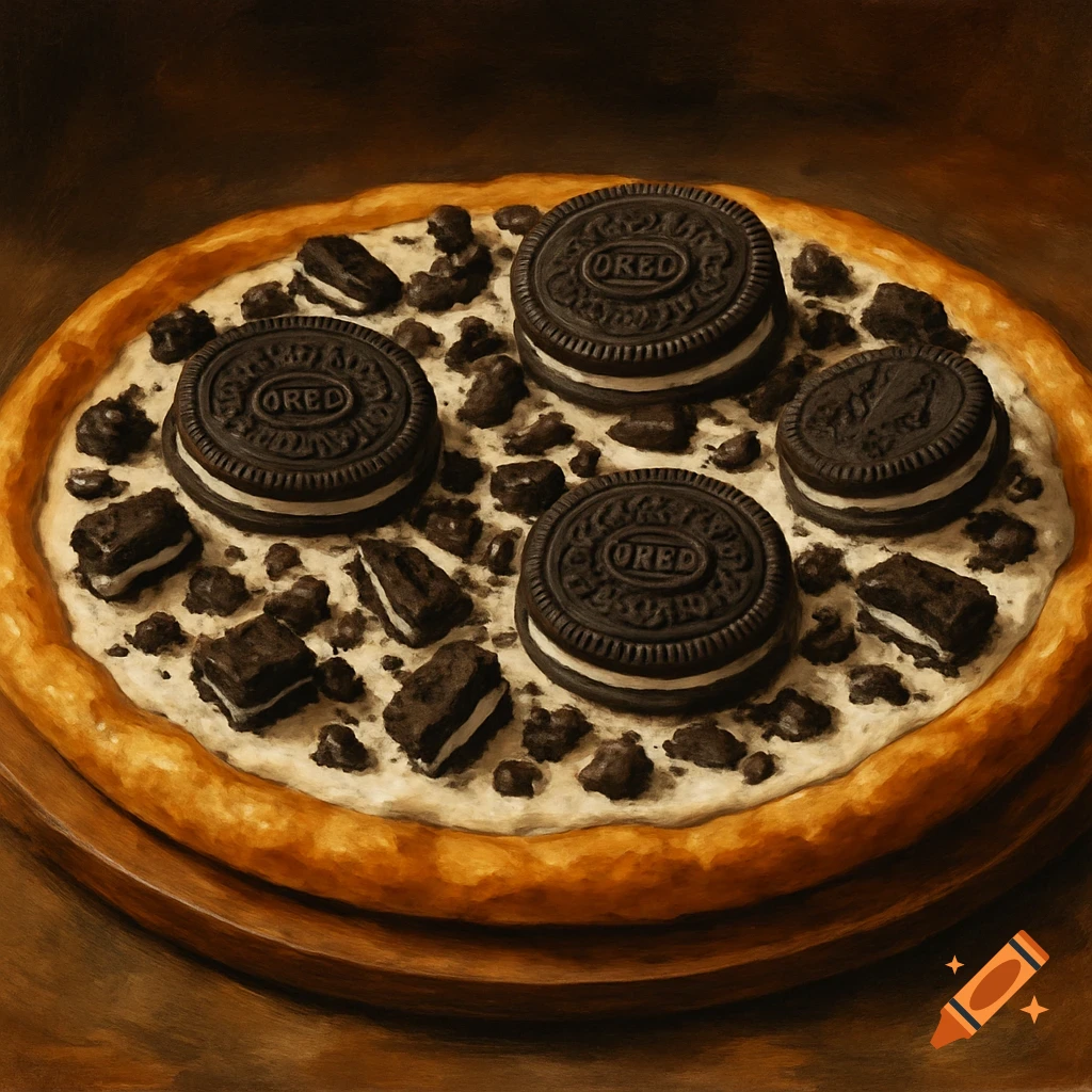 A pizza topped with whole and broken Oreo cookies in a painted style.