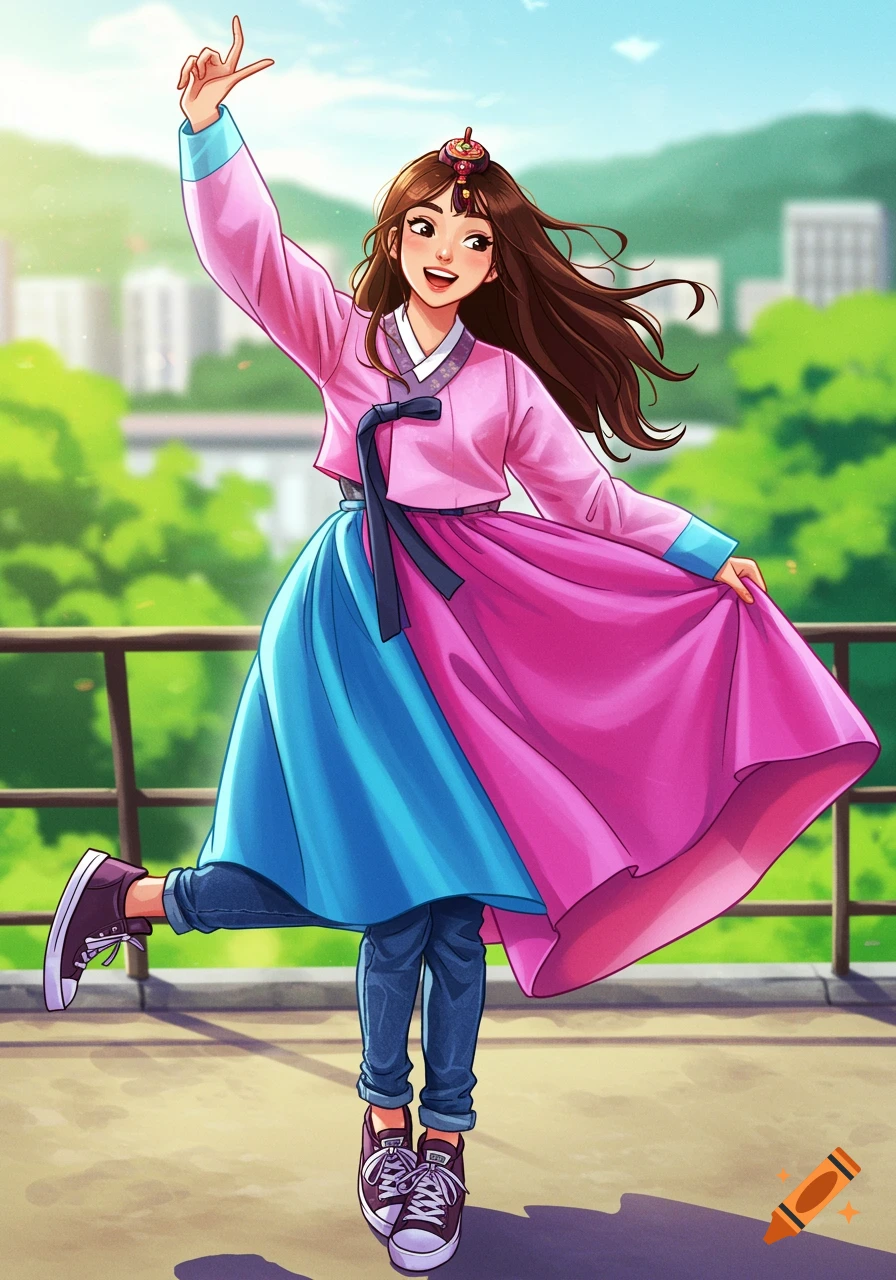 Illustration of a girl in a pink Hanbok top and split skirt over jeans and sneakers, dancing on a balcony with a city view