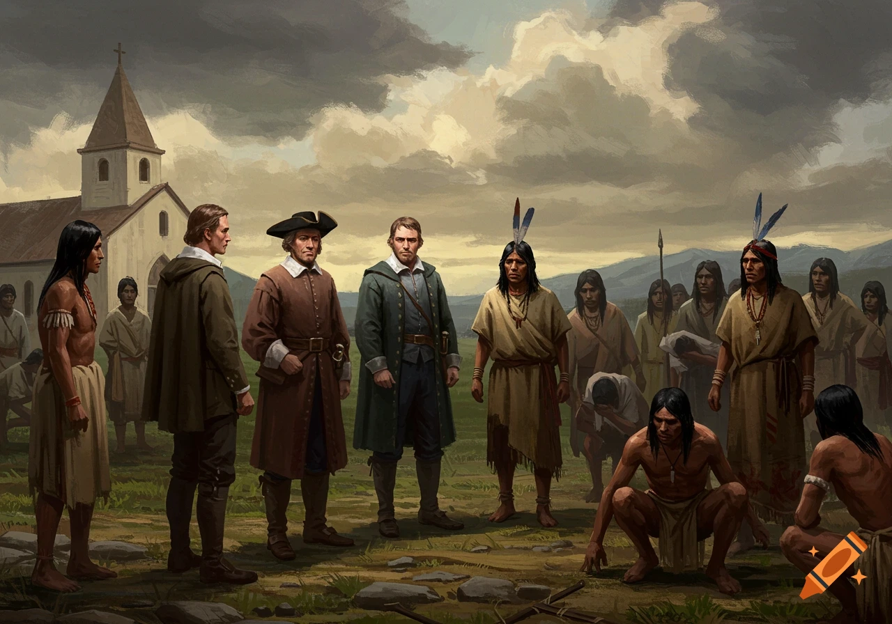 A historical painting shows European colonists meeting indigenous people near a church under a cloudy sky.