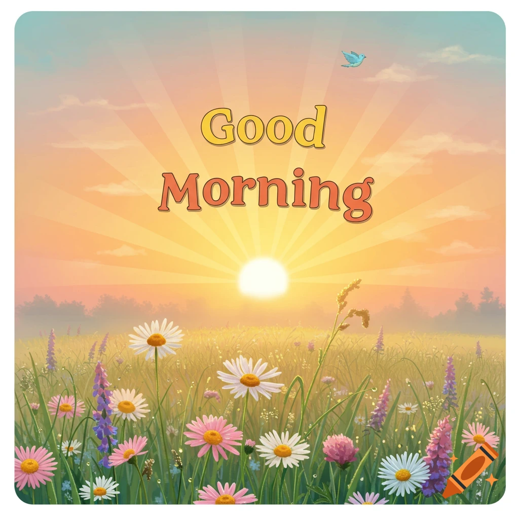 Sunrise over a field of colorful daisies and wildflowers with the text "Good Morning"