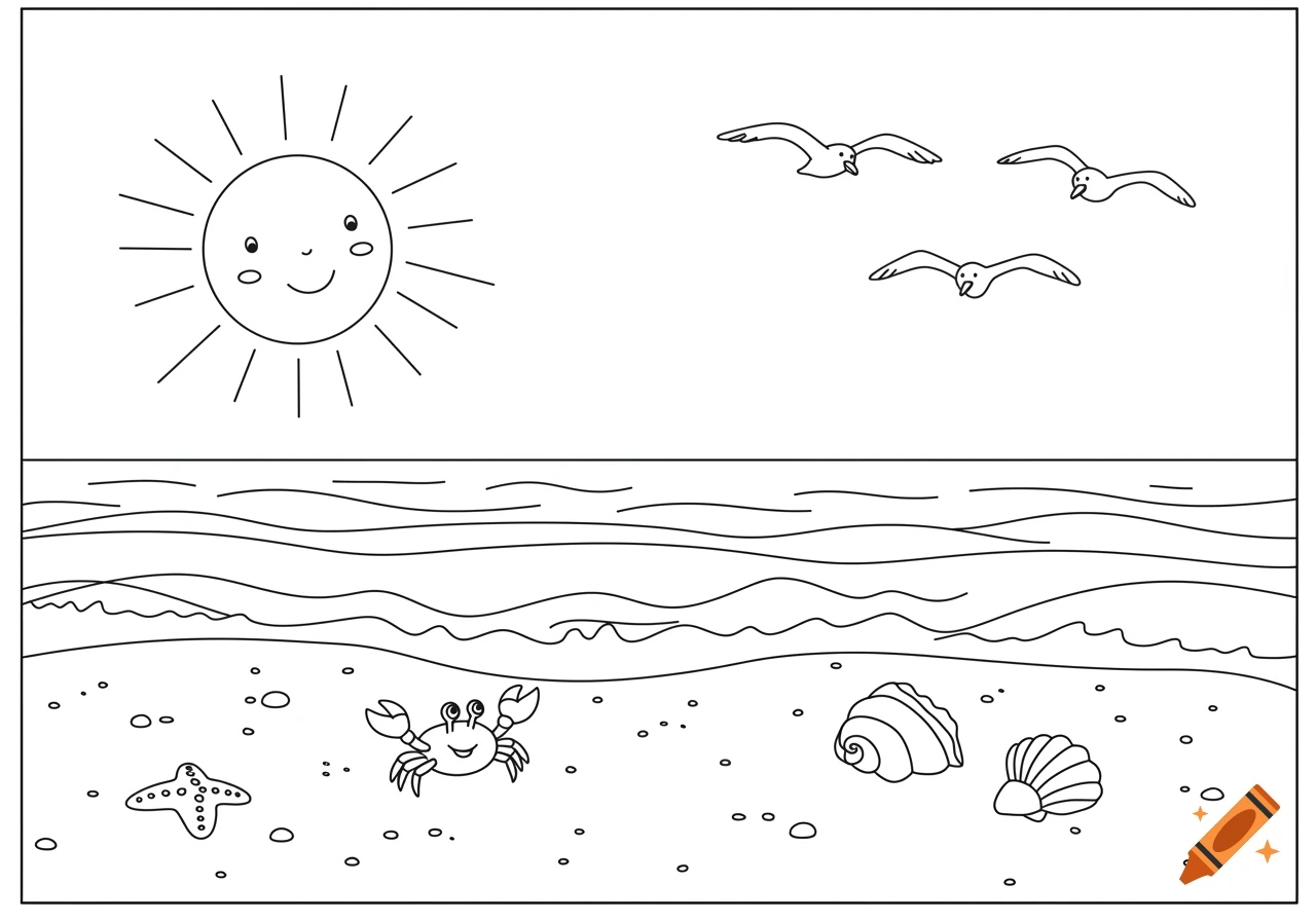 A black and white coloring page of a beach scene with a sun, seagulls, crab, starfish, and shells.