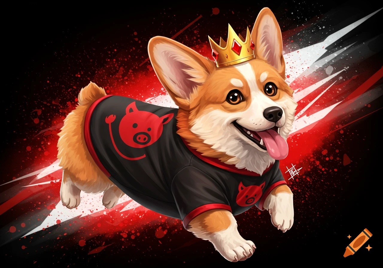 Cartoon corgi dog wearing a crown and a black shirt with a red pig logo, leaping on a red and black background.