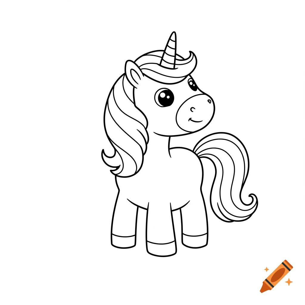 A black and white line art drawing of a cute cartoon unicorn.