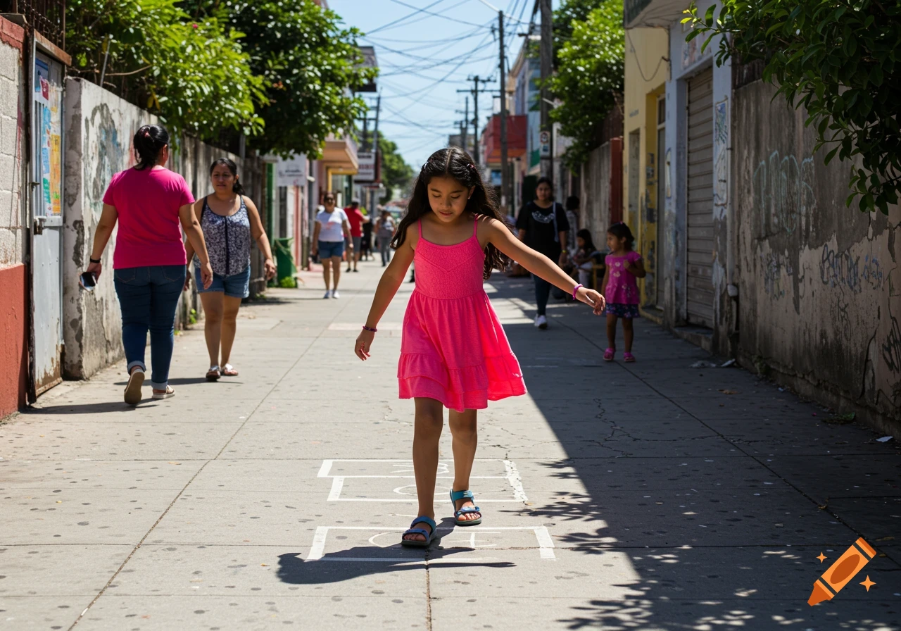 A young girl in a pink dress walks on a street sidewalk with hopscotch markings, other people walk in the background.
