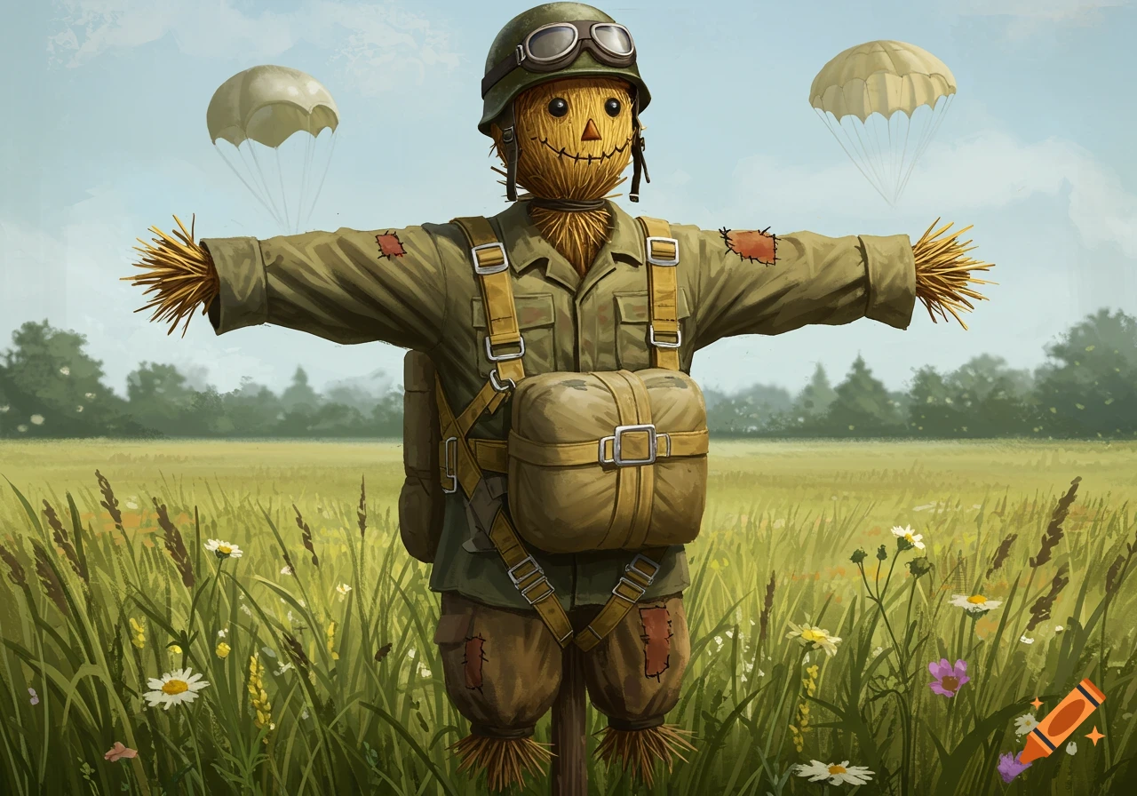 Illustration of a scarecrow dressed in military paratrooper gear standing in a grassy field as two parachutes descend