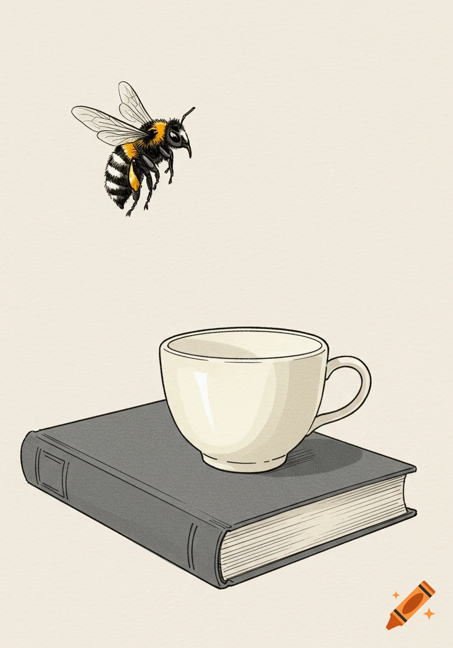 Sketch of a bee flying above a tea cup on a closed book.