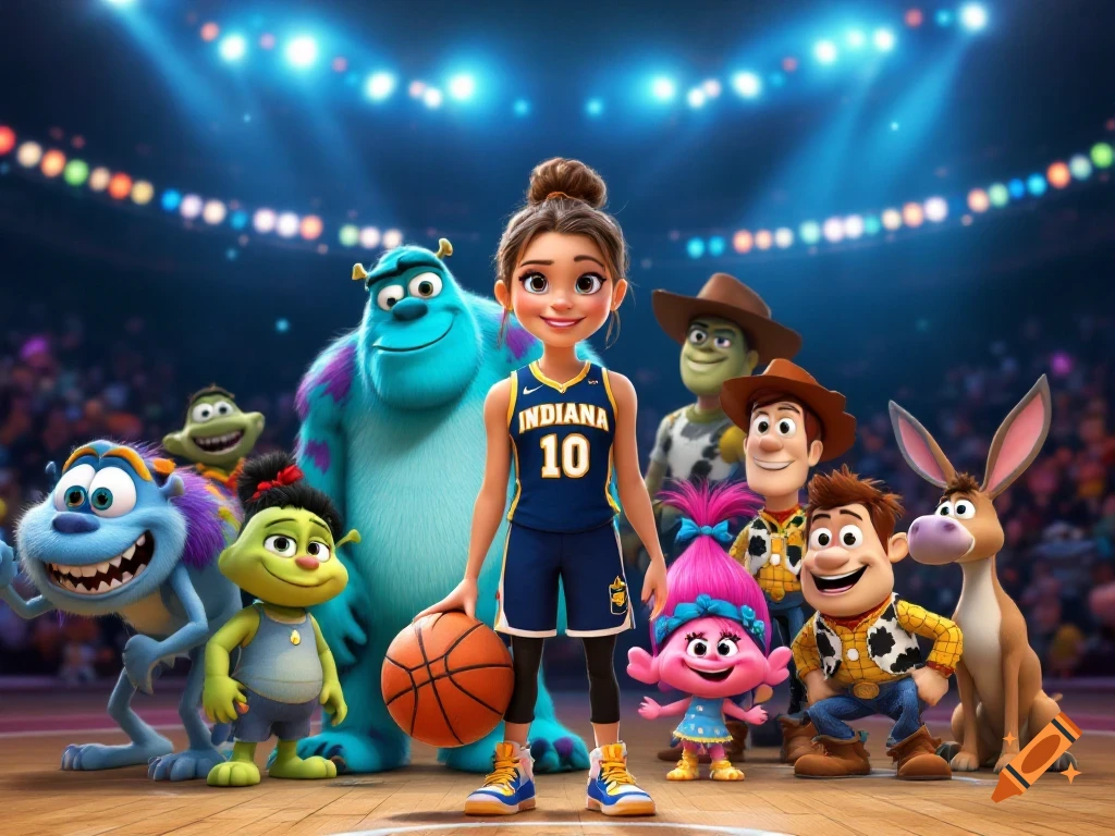 A young woman in an Indiana basketball jersey stands with a basketball on a court, surrounded by cartoon characters like Sully, Woody, Donkey, and others.