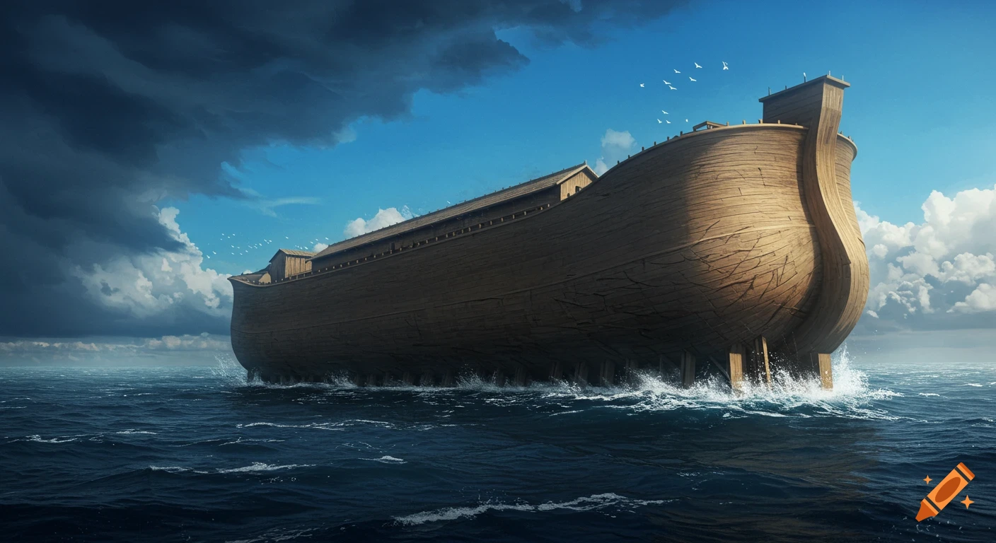 A large wooden ship, Noah's Ark, floats on a dark, stormy sea under a sky with both dark clouds and blue patches.