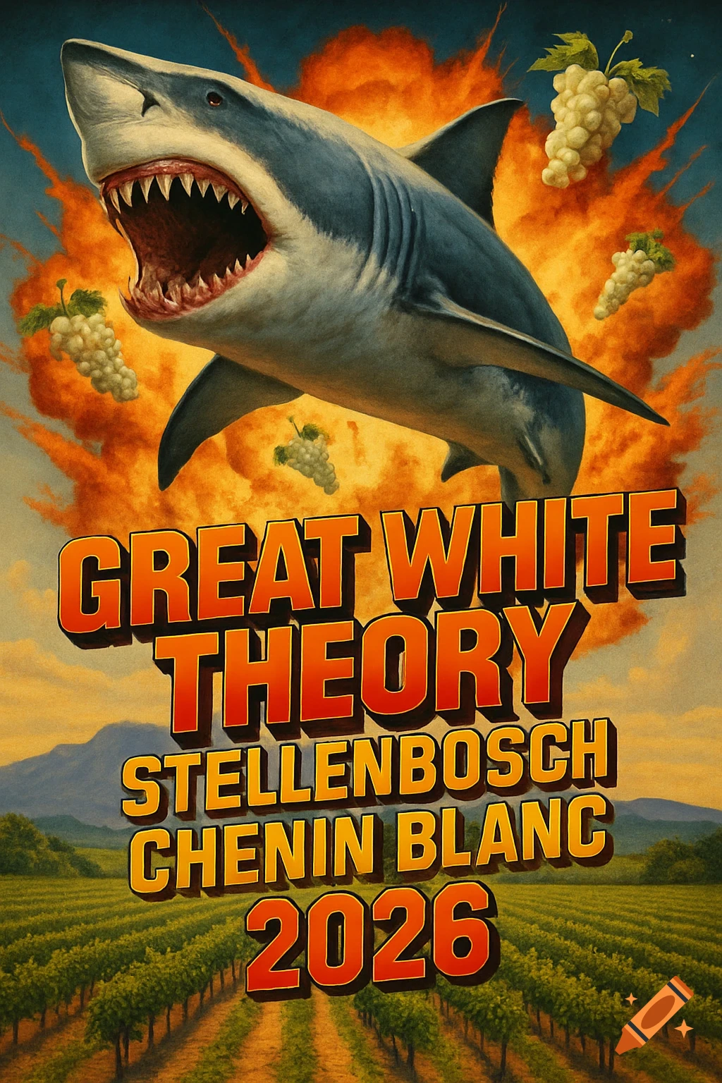 An 80s action movie poster style image of a shark flying over a vineyard with explosions and grapes, featuring text.