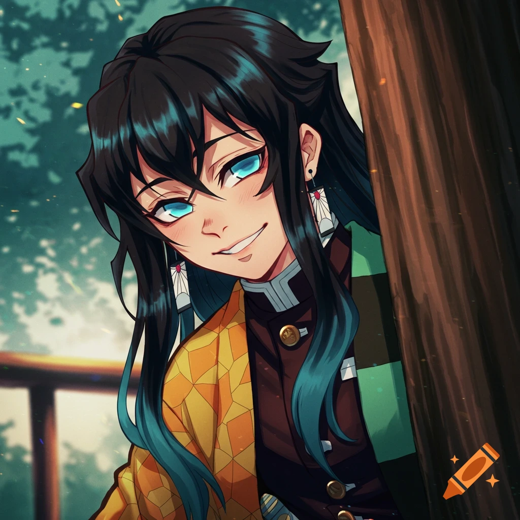 Anime character Muichiro peeking from behind a tree with a flirty smile.