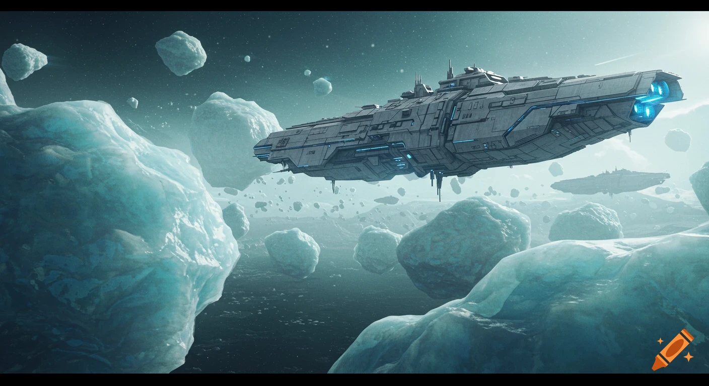 A large space warship floats through an ice asteroid field.