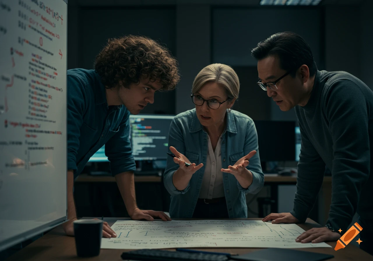 Three programmers discussing a document around a table, with a whiteboard in the background.