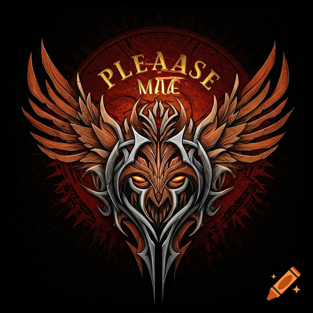 Graphic tribal design of a winged mask with glowing eyes