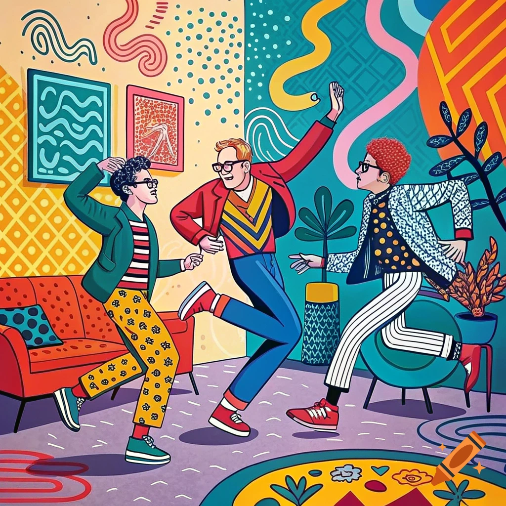 Three stylized men dance in a colorful, abstract room, graphic art style.
