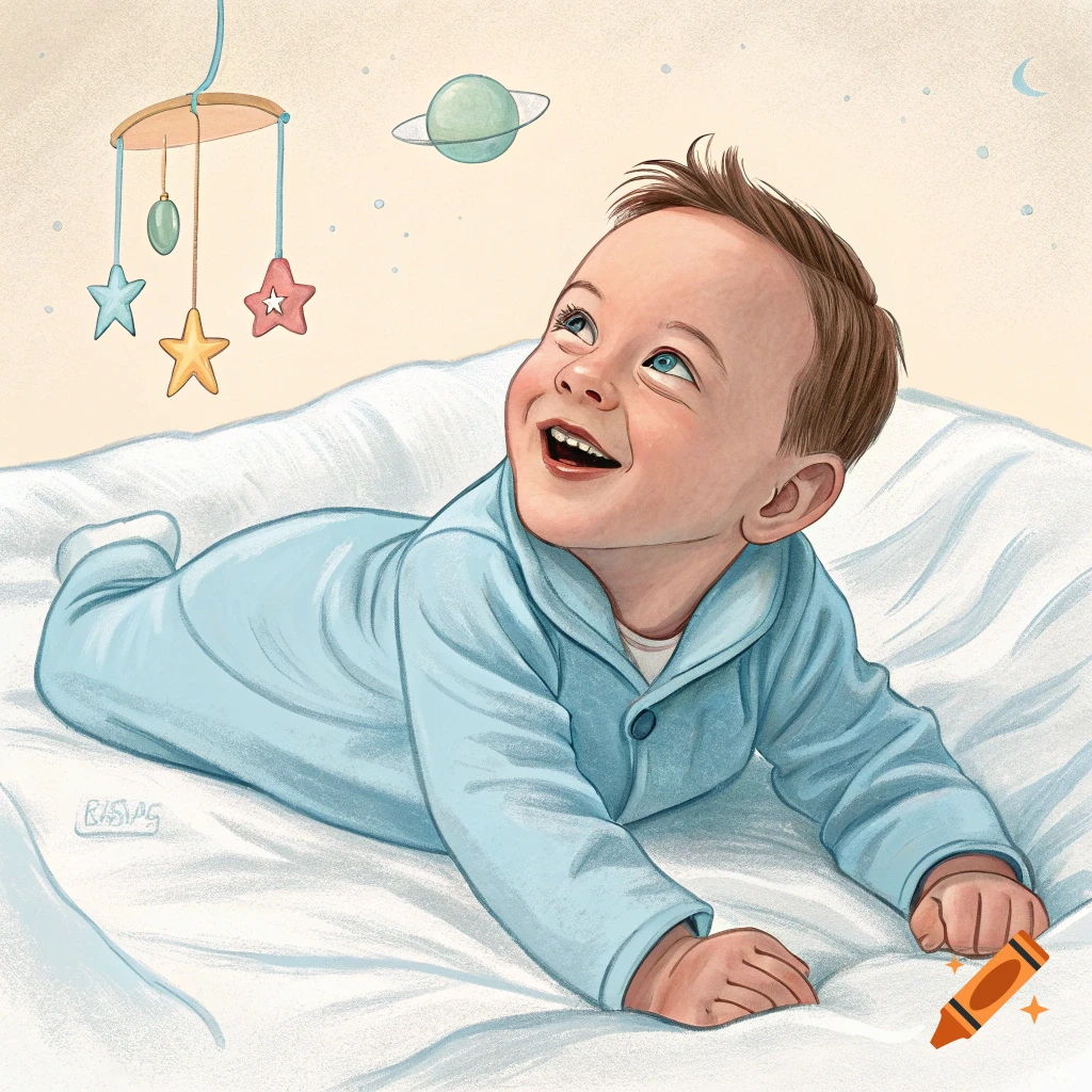 Illustration of a smiling baby lying on a blanket looking at a mobile and planet.