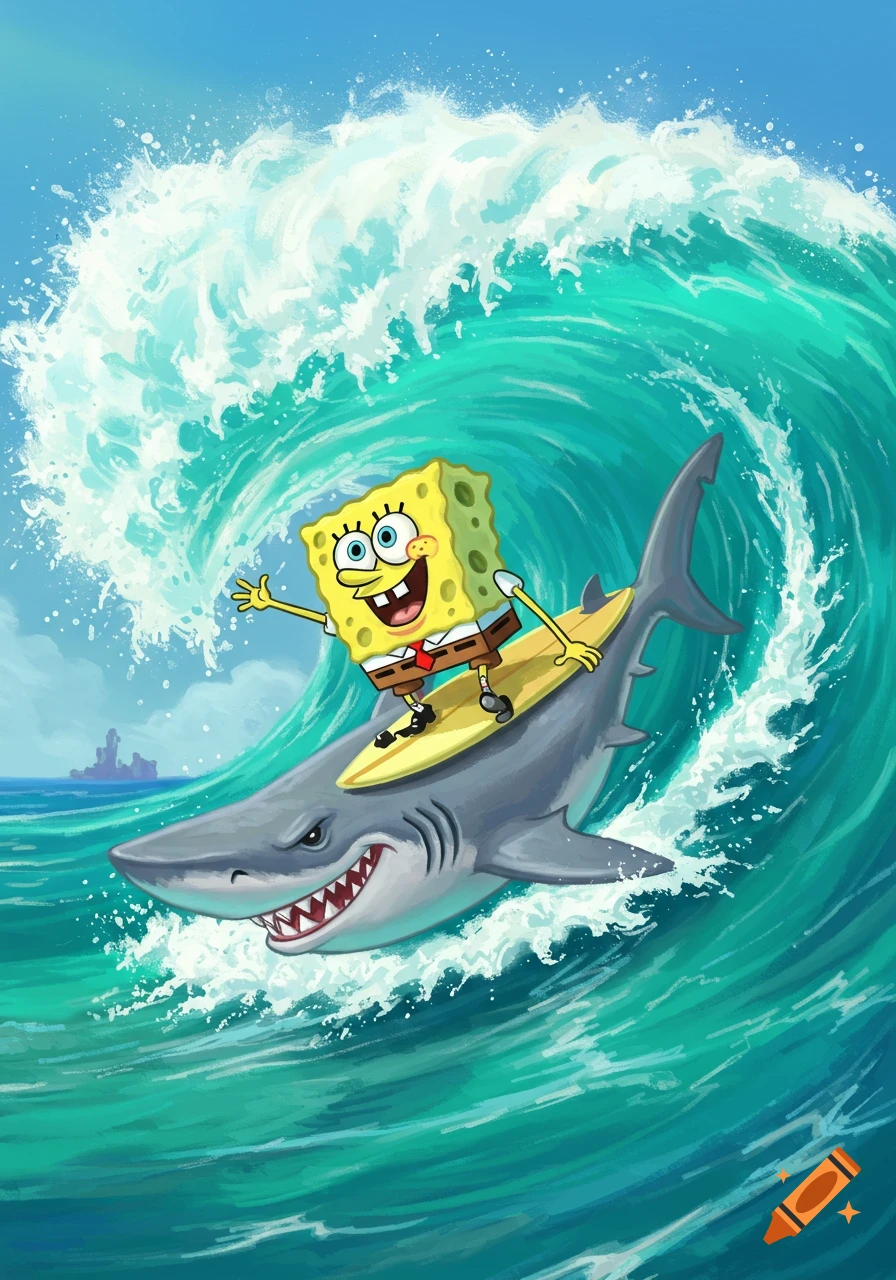 Spongebob Squarepants surfing on a shark on a large wave in the ocean, cartoon style.