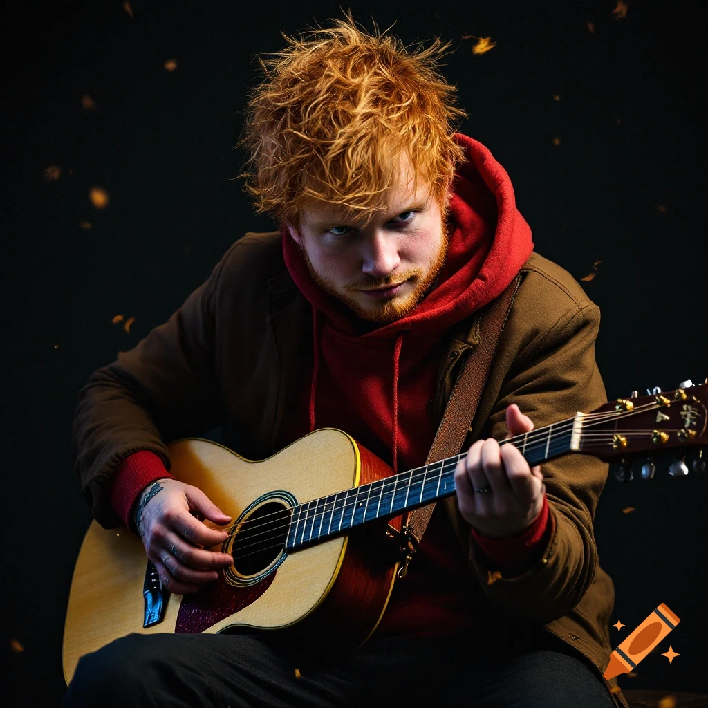 Ed Sheeran playing an acoustic guitar with intense gaze