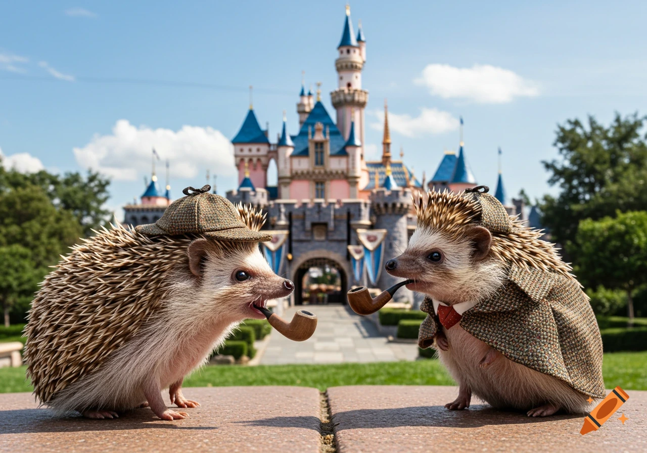 Two hedgehogs dressed as Sherlock Holmes stand in front of Disneyland castle
