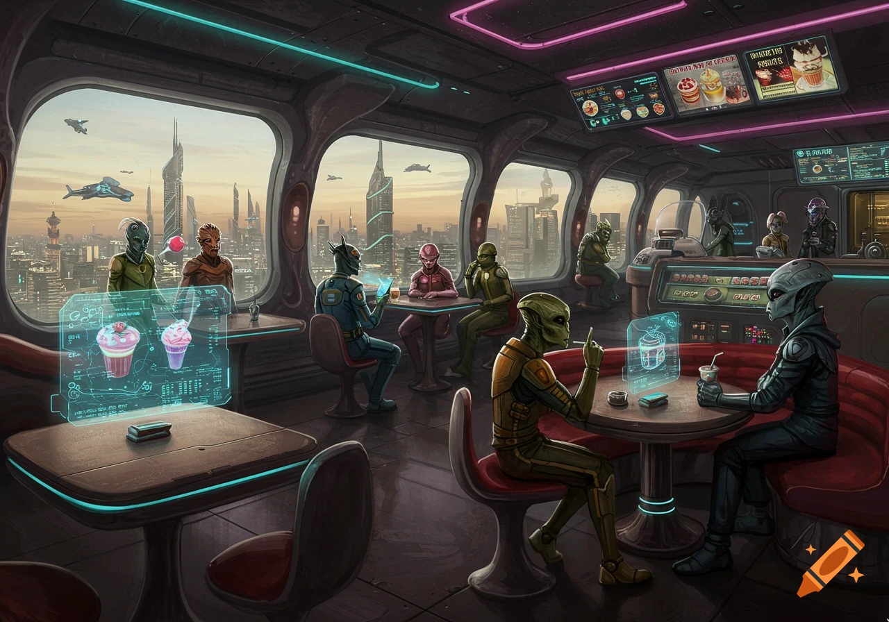 Aliens sit at tables in a futuristic cafe overlooking a sci-fi city.