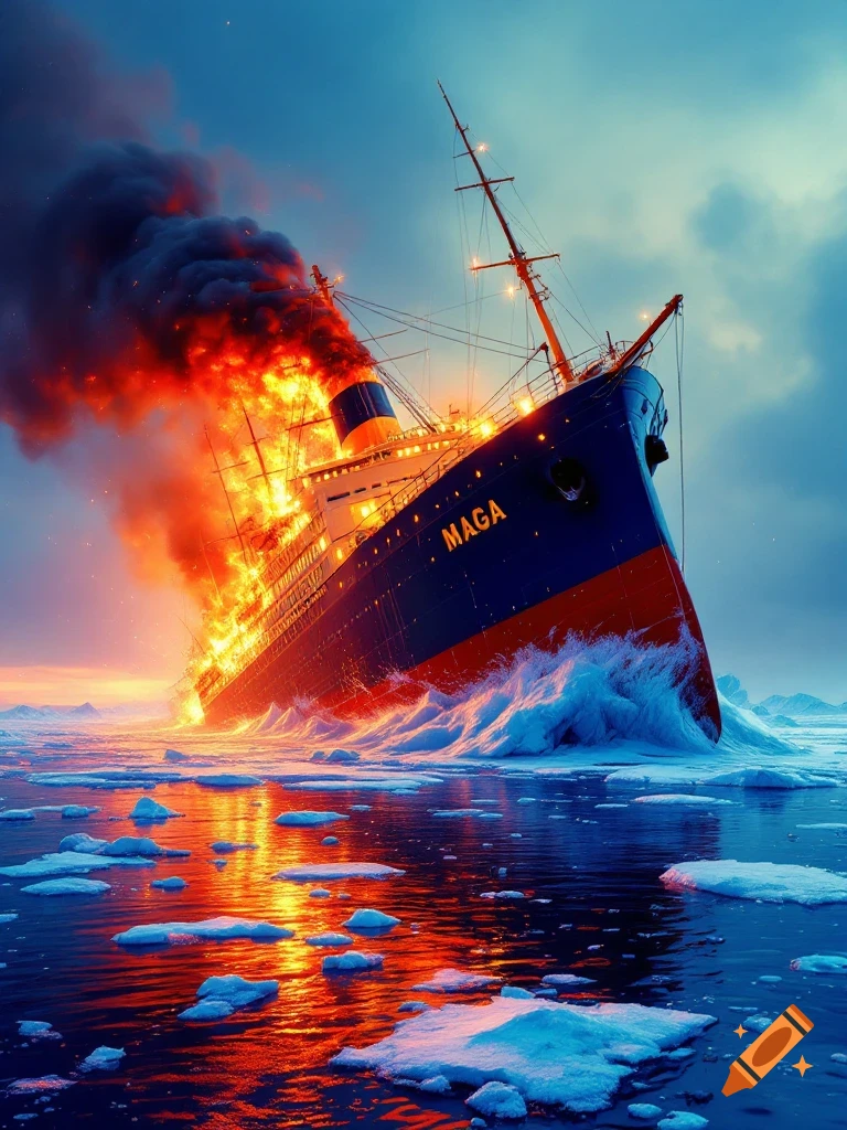 A large ship with 'MAGA' written on its side is heavily burning and sinking in icy waters during a dramatic sunset.