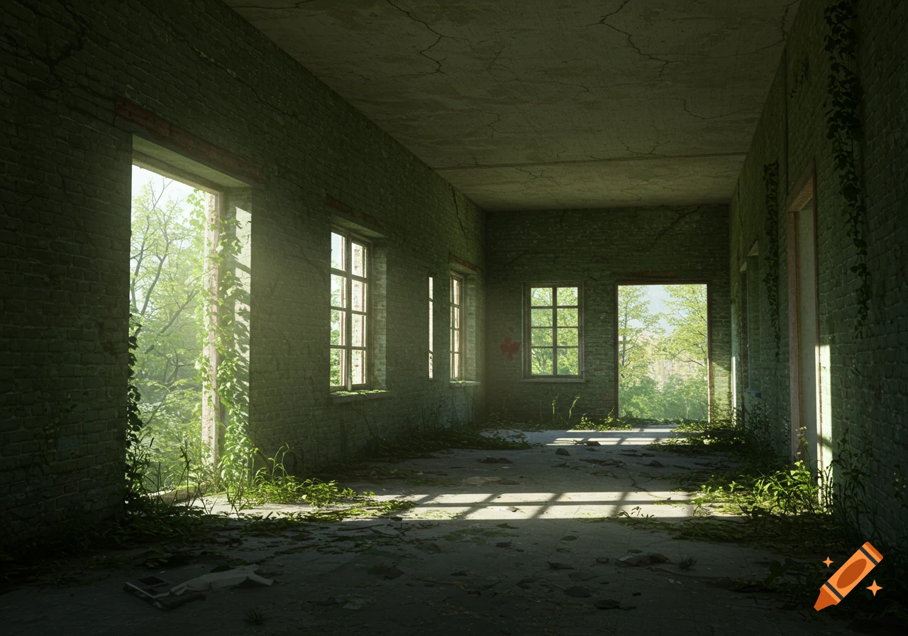 Interior view of an abandoned building hallway with light streaming through windows overgrown with vines and plants.