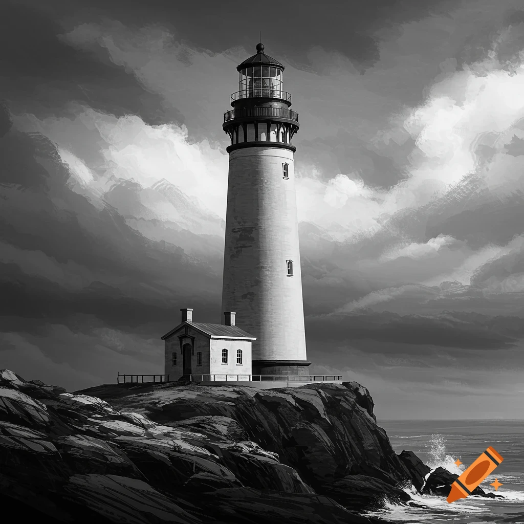 Black and white illustration of a lighthouse on a rocky cliff overlooking a stormy sea.