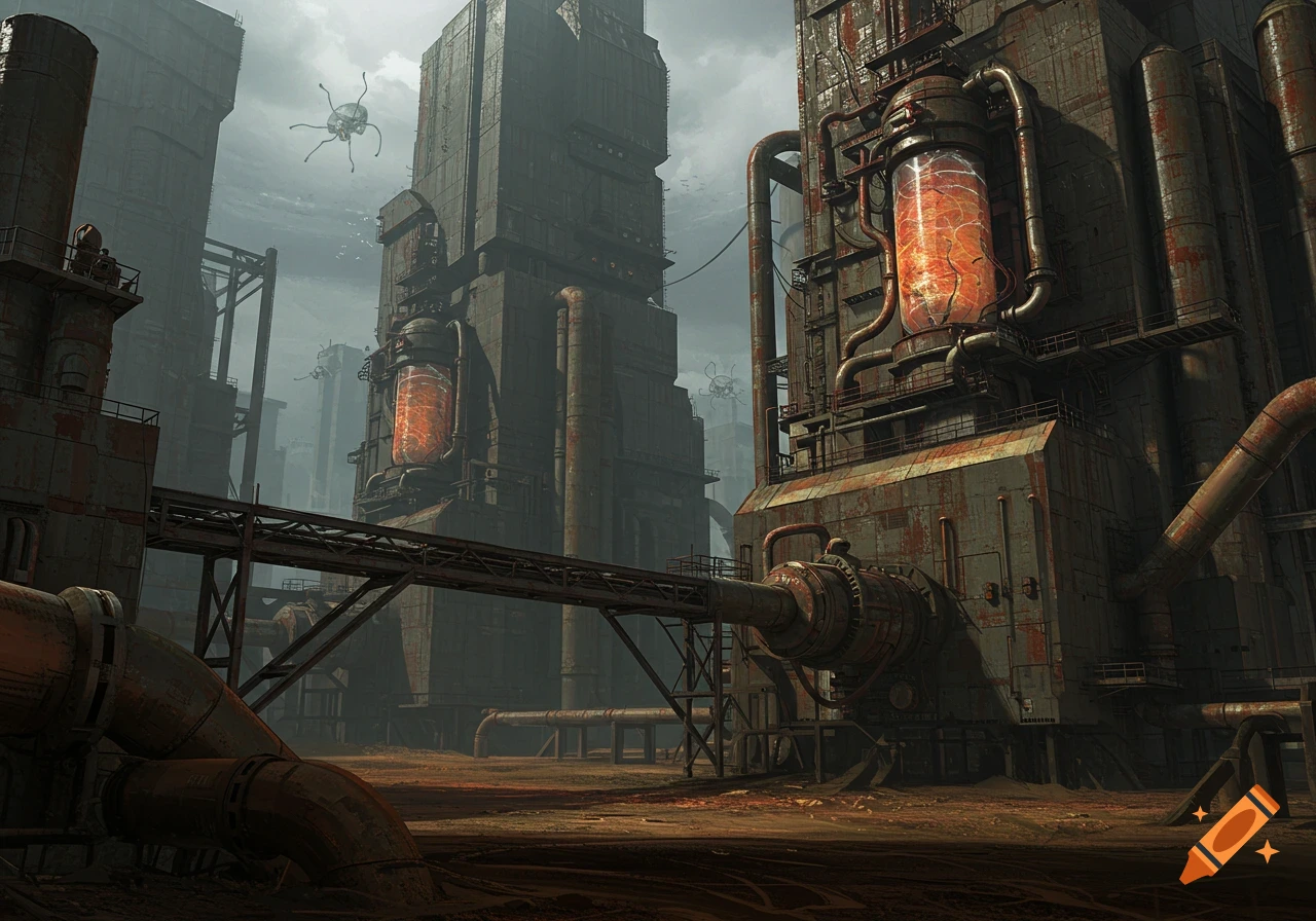 Dystopian industrial complex with large brutalist buildings, pipes, and glowing vats in a Giger-esque style