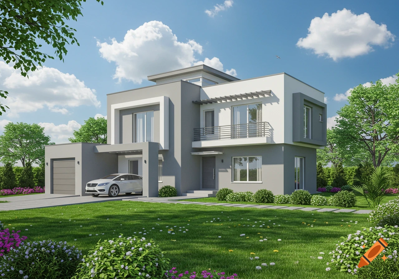 A modern grey and white house with a garage and car, surrounded by a green lawn and trees under a partly cloudy sky. 3D rendering.