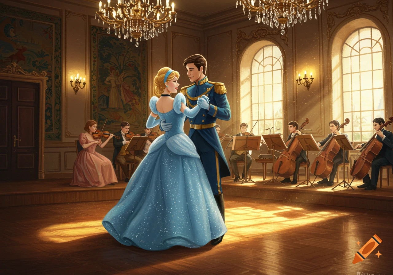 Cinderella and the Prince dancing in a grand ballroom with an orchestra playing.