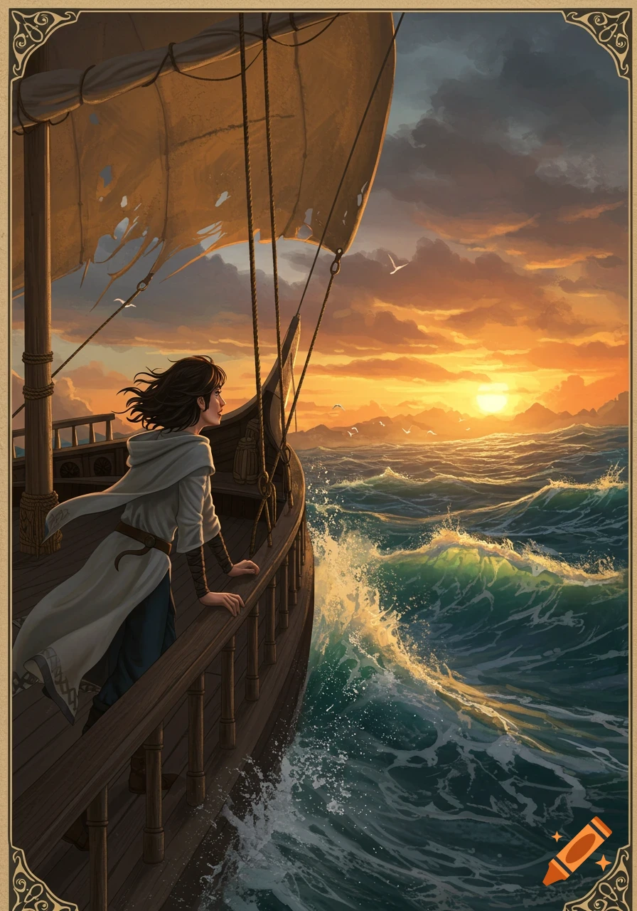 A person stands on the deck of a ship sailing on a rough sea at sunset, fantasy art.