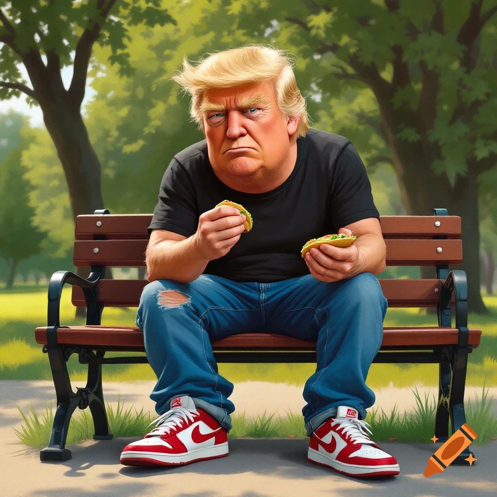 Caricature of Donald Trump sitting on a park bench eating tacos, wearing a black shirt, ripped jeans, and red and white shoes.